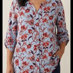 Catherines Blue Button-Front 3X Floral Tunic with Red Print Cottagecore